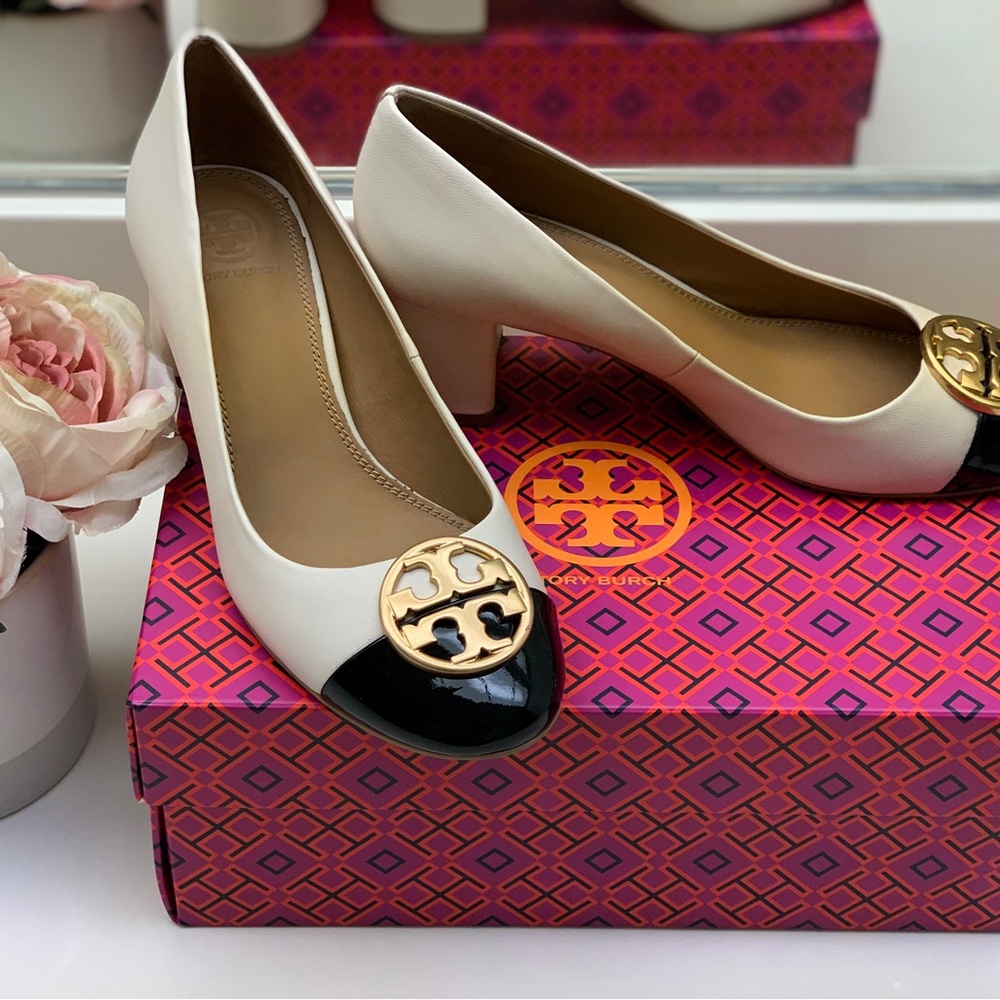 Tory Burch Black and White Heels with Gold Emblem